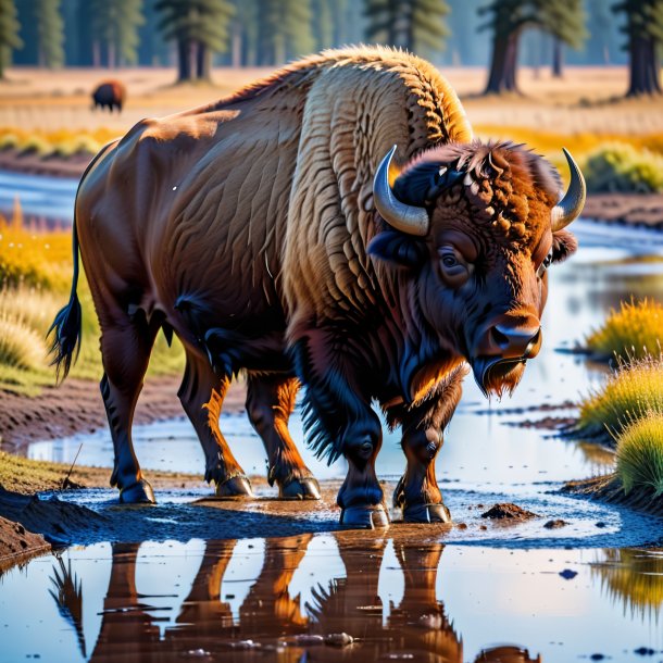 Image of a bison in a vest in the puddle