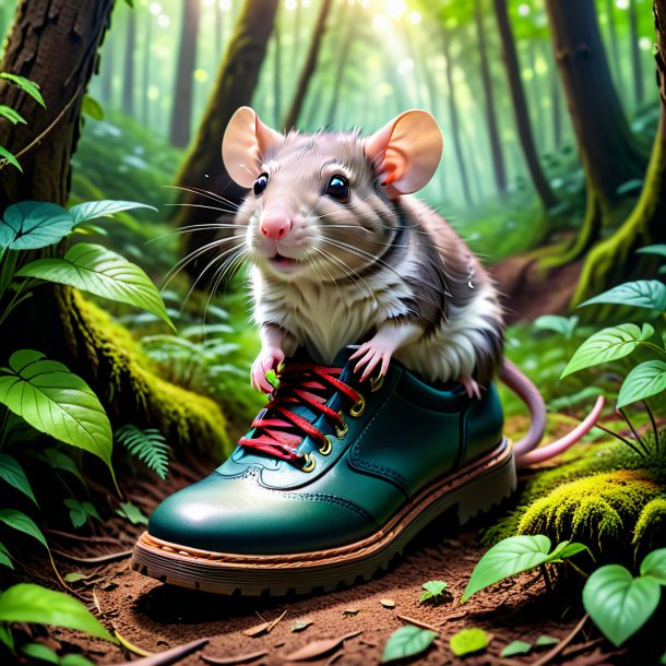 Pic d'un rat dans une chaussure dans la forêt