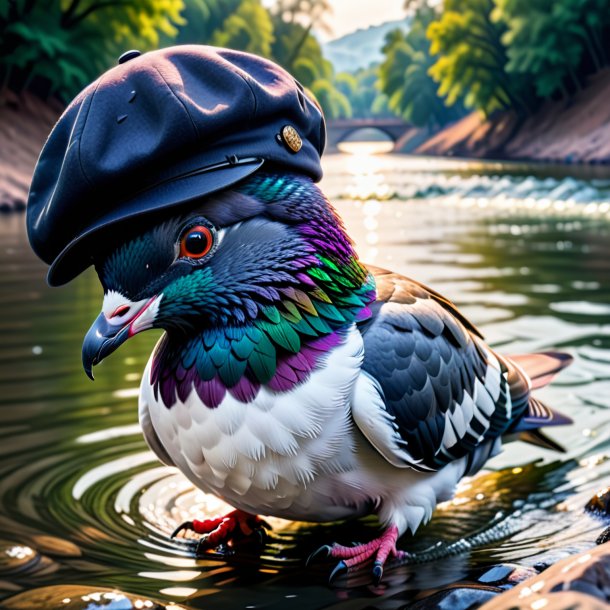 Photo of a pigeon in a cap in the river