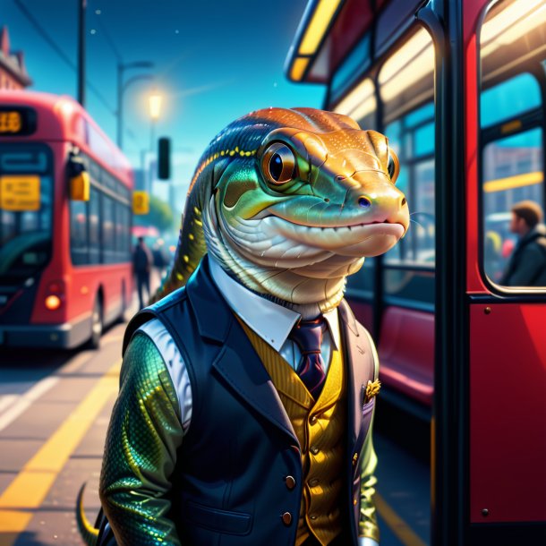 Illustration of a eel in a vest on the bus stop