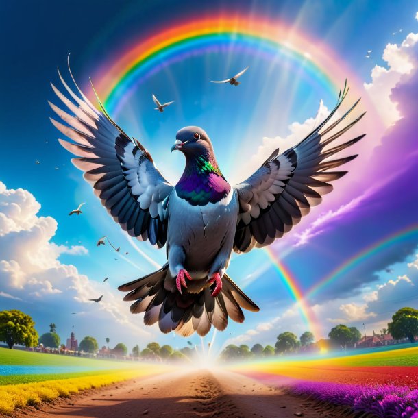 Image of a jumping of a pigeon on the rainbow