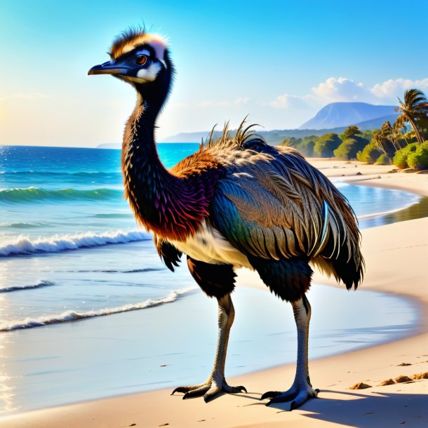 Image of a emu in a trousers on the beach