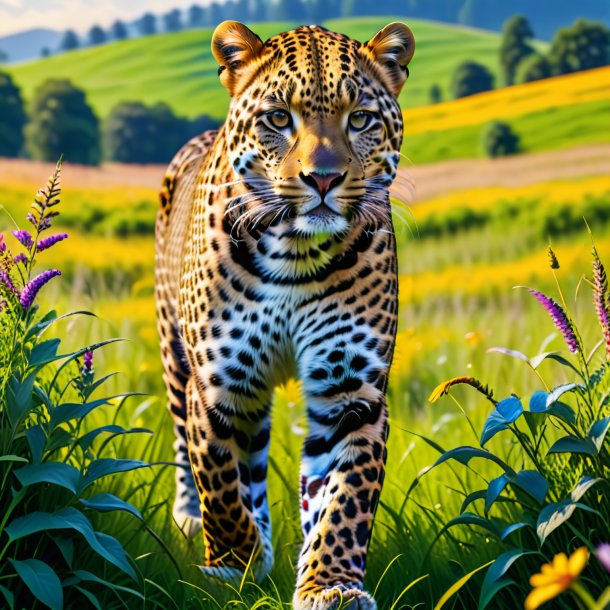 Foto de un leopardo en un pantalón en el prado