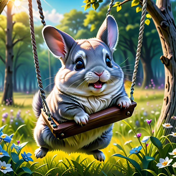 Image of a swinging on a swing of a chinchillas in the meadow