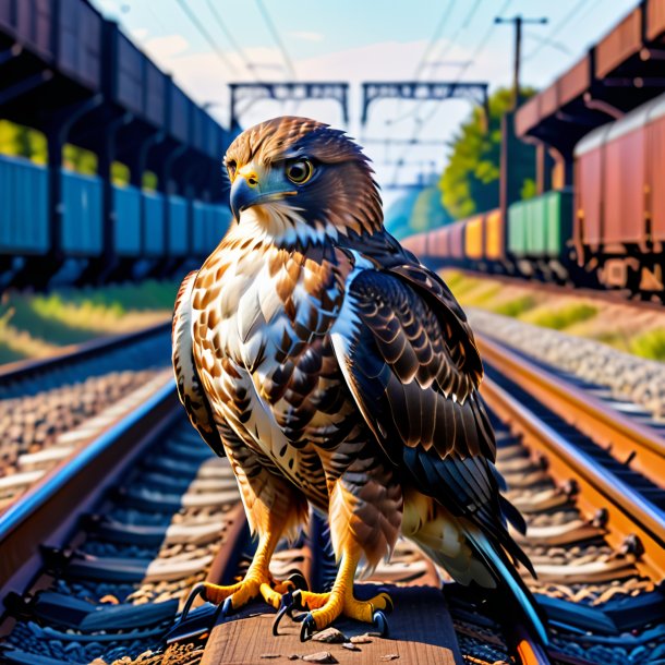 Foto de um falcão em um suéter nos trilhos ferroviários