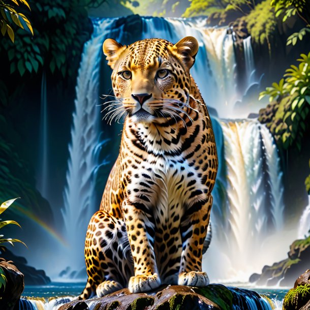 Picture of a leopard in a dress in the waterfall