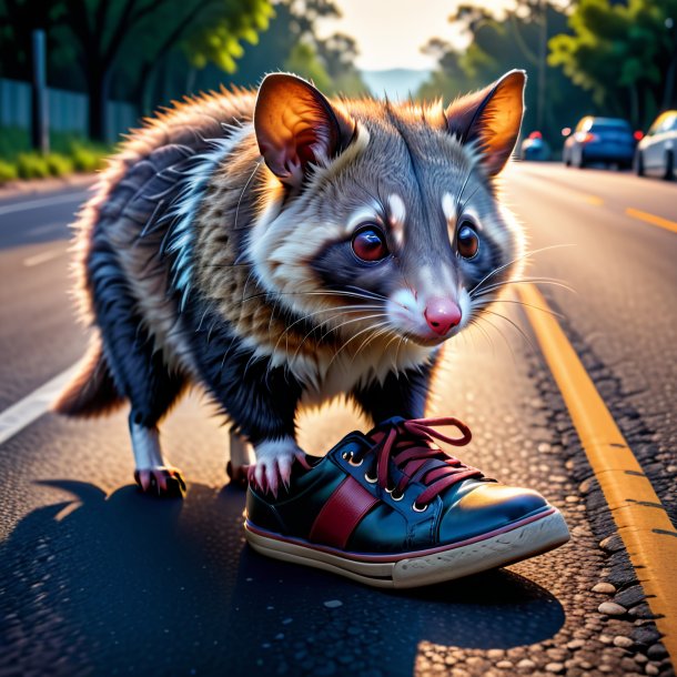 Pic of a possum in a shoes on the road