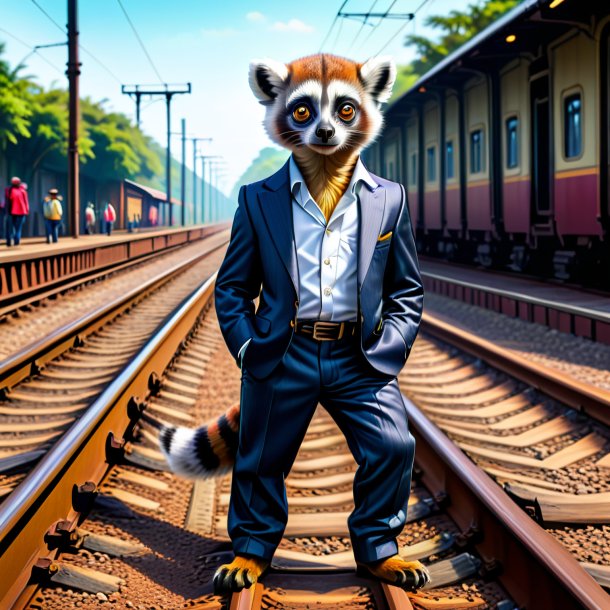 Drawing of a lemur in a trousers on the railway tracks