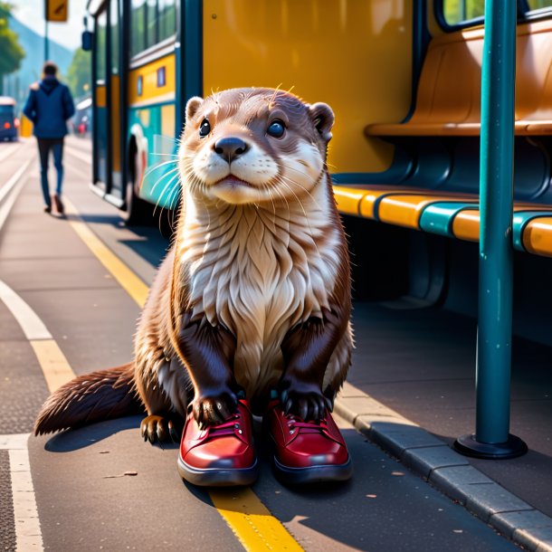 Photo of a otter in a shoes on the bus stop