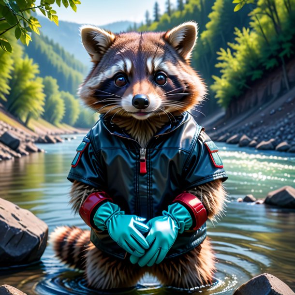 Picture of a raccoon in a gloves in the river