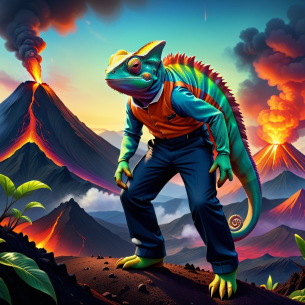 Drawing of a chameleon in a trousers in the volcano