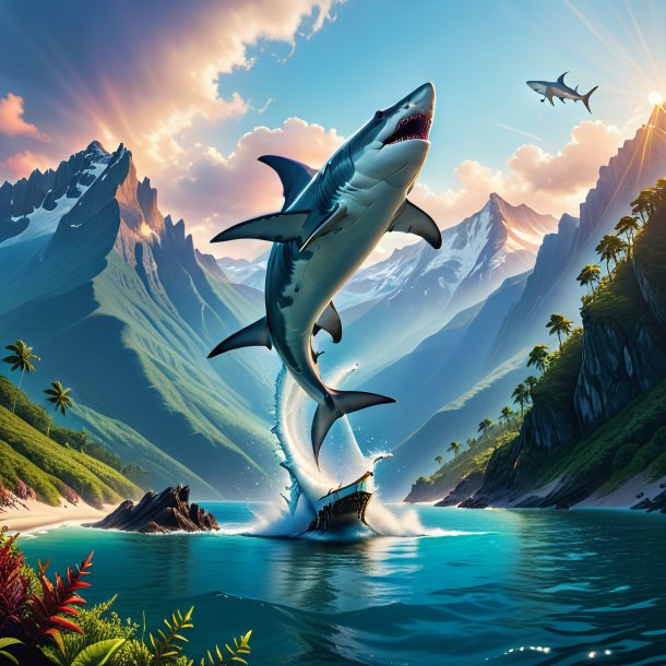 Picture of a jumping of a hammerhead shark in the mountains