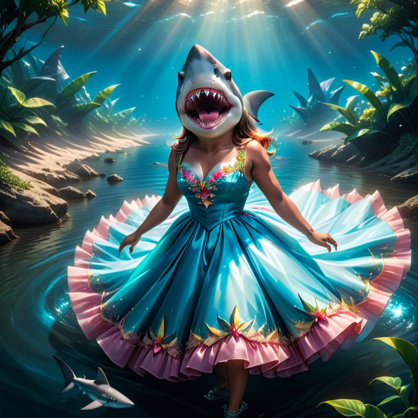 Illustration of a shark in a dress in the river