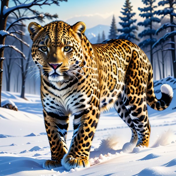 Drawing of a leopard in a trousers in the snow