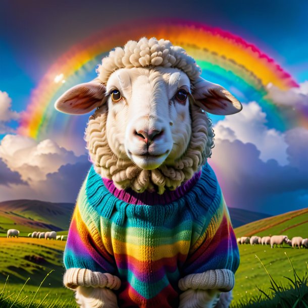 Image d'un mouton dans un pull sur l'arc-en-ciel