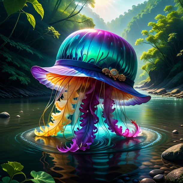 Drawing of a jellyfish in a hat in the river