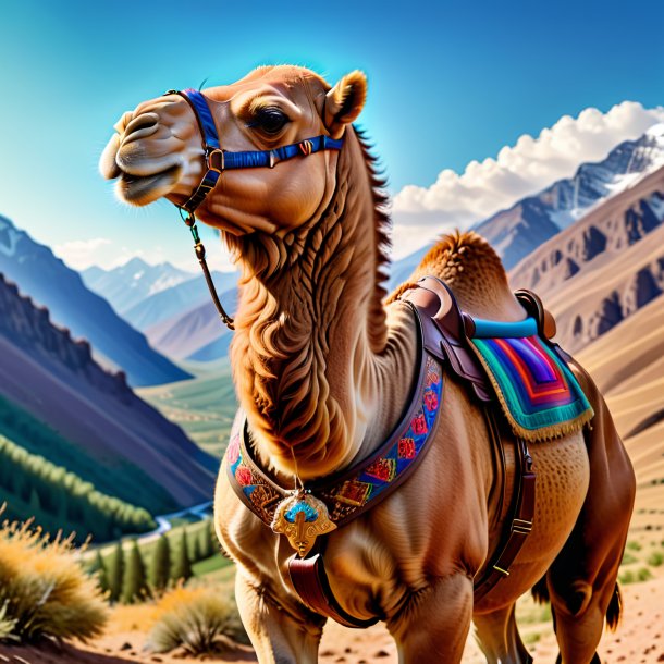 Picture of a camel in a belt in the mountains