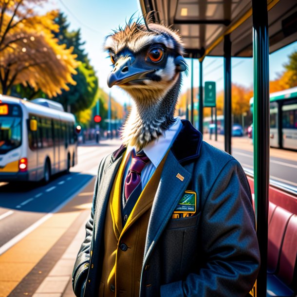 Pic of a emu in a jacket on the bus stop