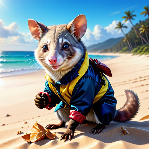 Illustration d'un opossum dans un gants sur la plage