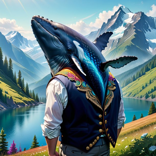 Drawing of a whale in a vest in the mountains