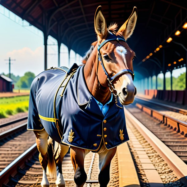 Imagem de uma mula em uma jaqueta nos trilhos ferroviários