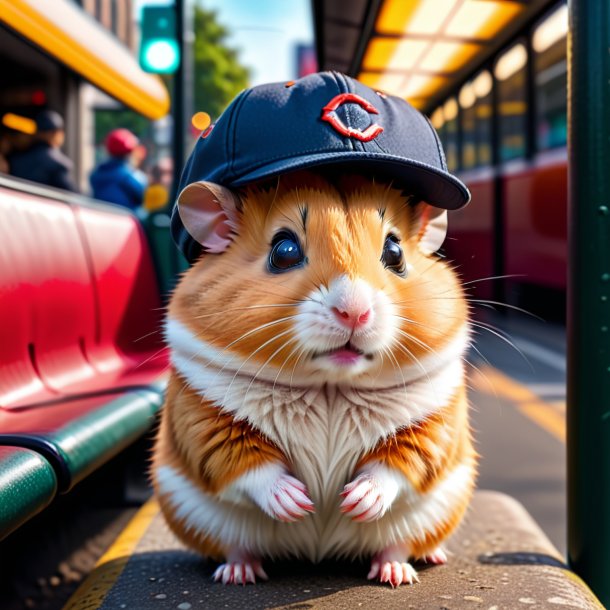 Pic of a hamster in a cap on the bus stop