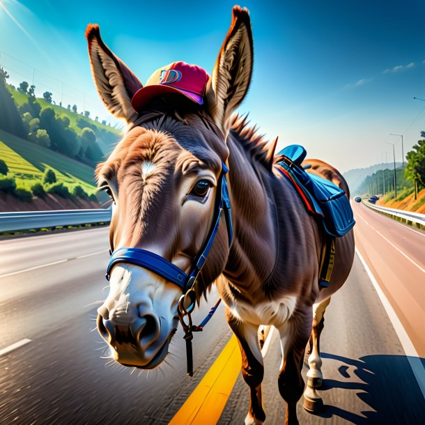 Picture of a donkey in a cap on the highway