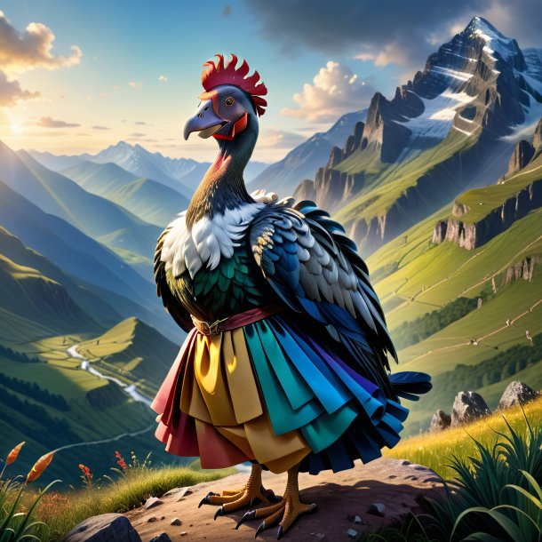 Illustration of a dodo in a skirt in the mountains