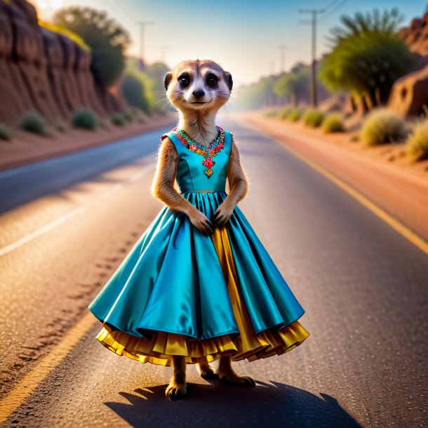 Pic d'un meerkat dans une robe sur la route