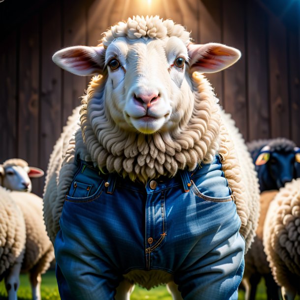 Photo of a sheep in a blue jeans