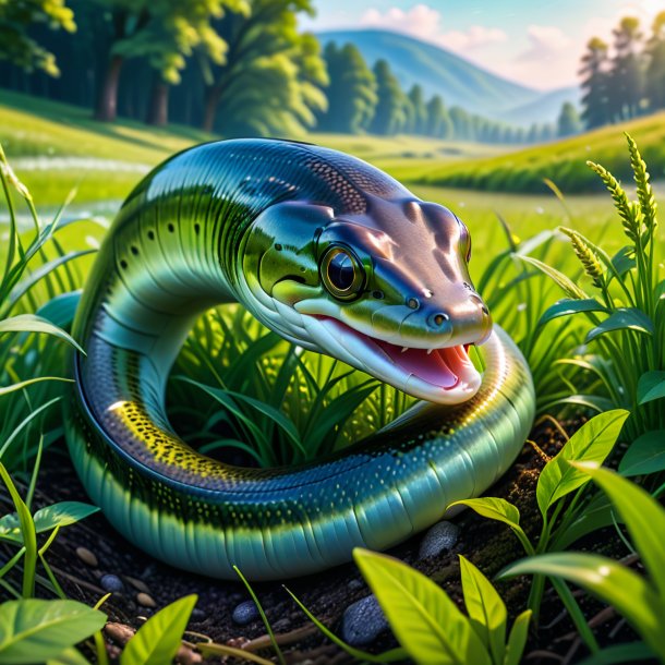 Picture of a playing of a eel in the meadow