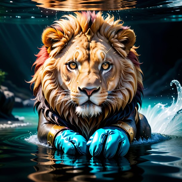 Image of a lion in a gloves in the water