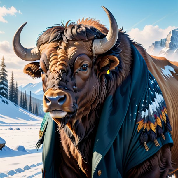 Drawing of a buffalo in a coat in the snow