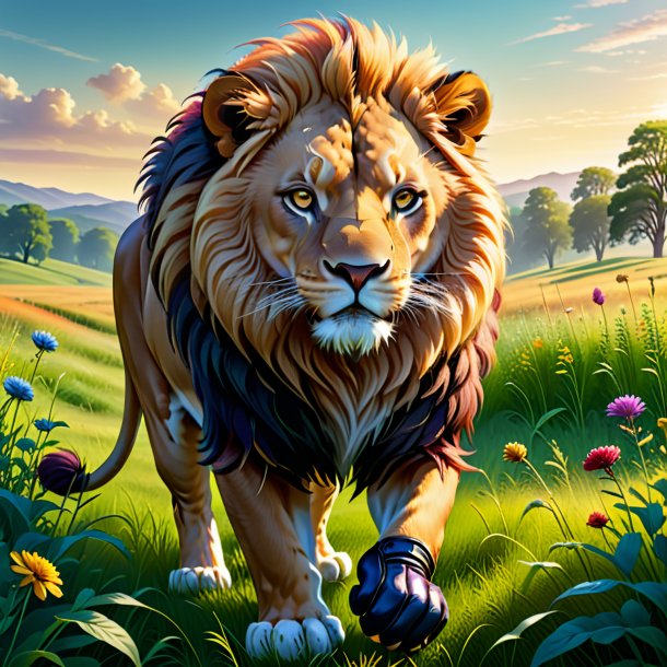 Illustration of a lion in a gloves in the meadow