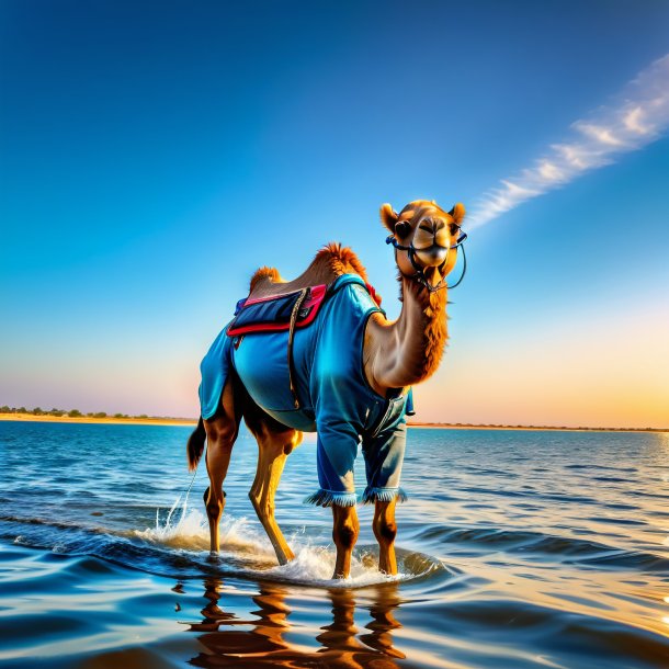 Foto de un camello en un vaquero en el agua