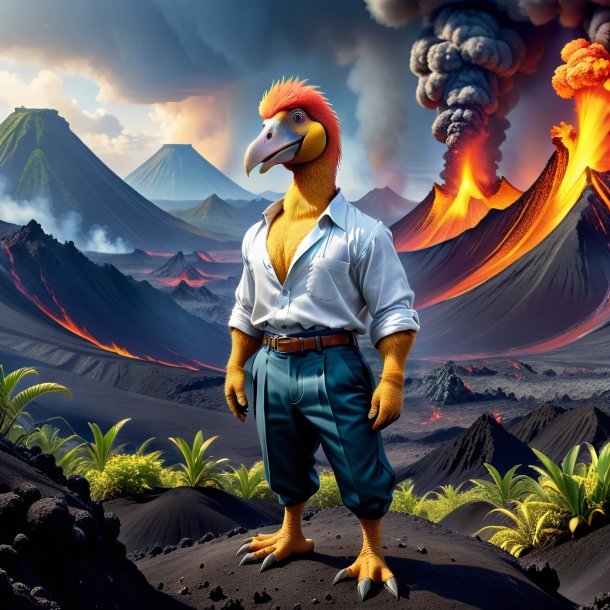 Picture of a dodo in a trousers in the volcano