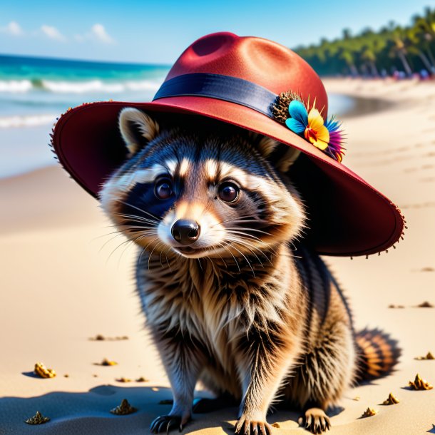 Image d'un raton laveur dans un chapeau sur la plage