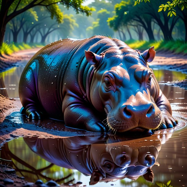 Pic of a sleeping of a hippopotamus in the puddle