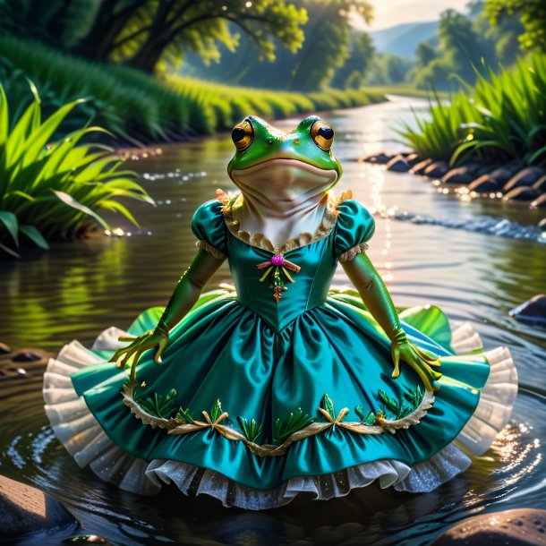 Imagen de una rana en un vestido en el río