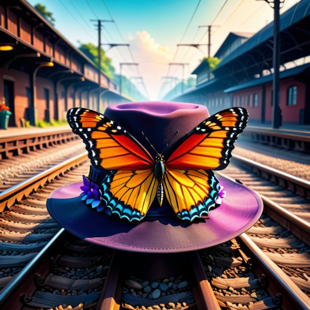 Ilustración de una mariposa en un sombrero en las vías del ferrocarril