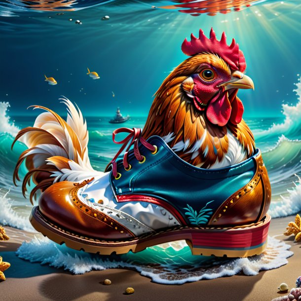 Dibujo de una gallina en los zapatos en el mar