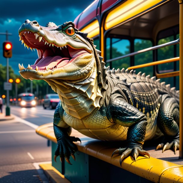 Foto de uma ameaça de um jacaré no ponto de ônibus