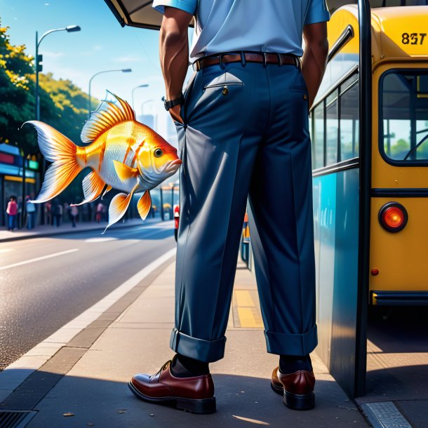 Image of a fish in a trousers on the bus stop