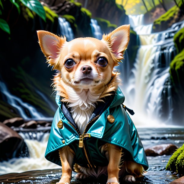 Pic of a chihuahua in a coat in the waterfall