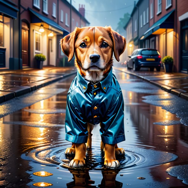 Illustration of a dog in a trousers in the puddle