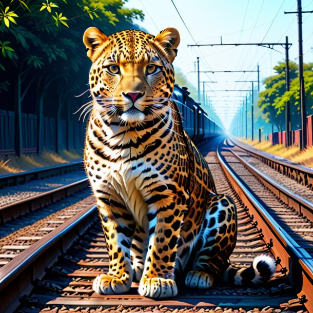 Drawing of a leopard in a vest on the railway tracks