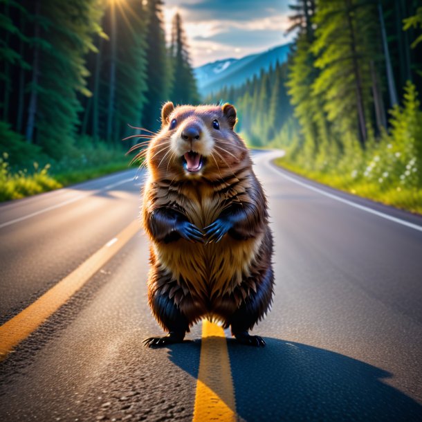 Photo of a dancing of a beaver on the road