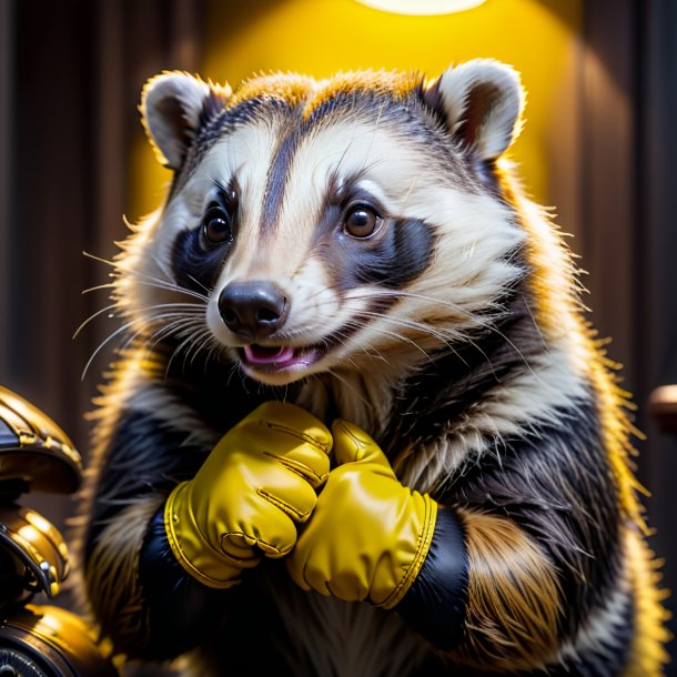 Foto de un tejón en guantes amarillos