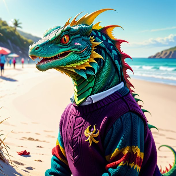 Desenho de um basilisk em um suéter na praia