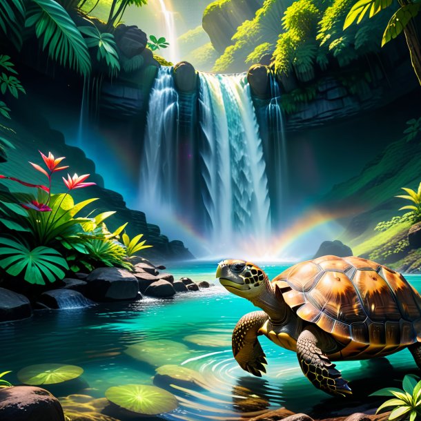 Pic of a swimming of a tortoise in the waterfall